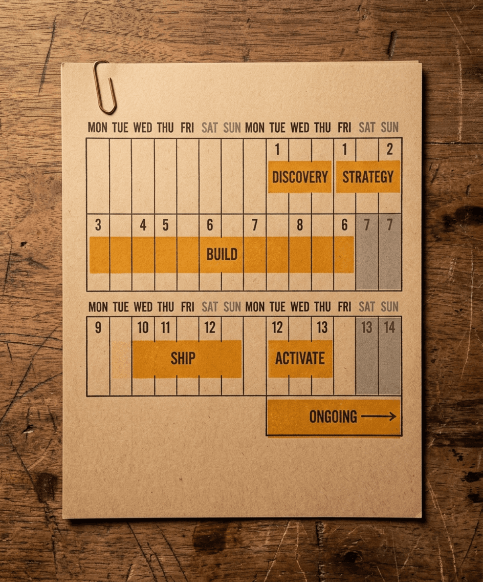 14-day build calendar rendered on kraft paper with amber phase blocks