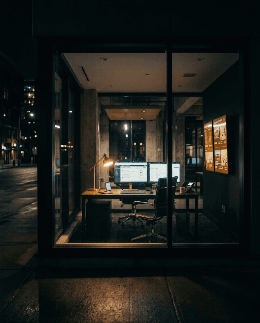 Empty office at night with glowing dashboards — the agent is working