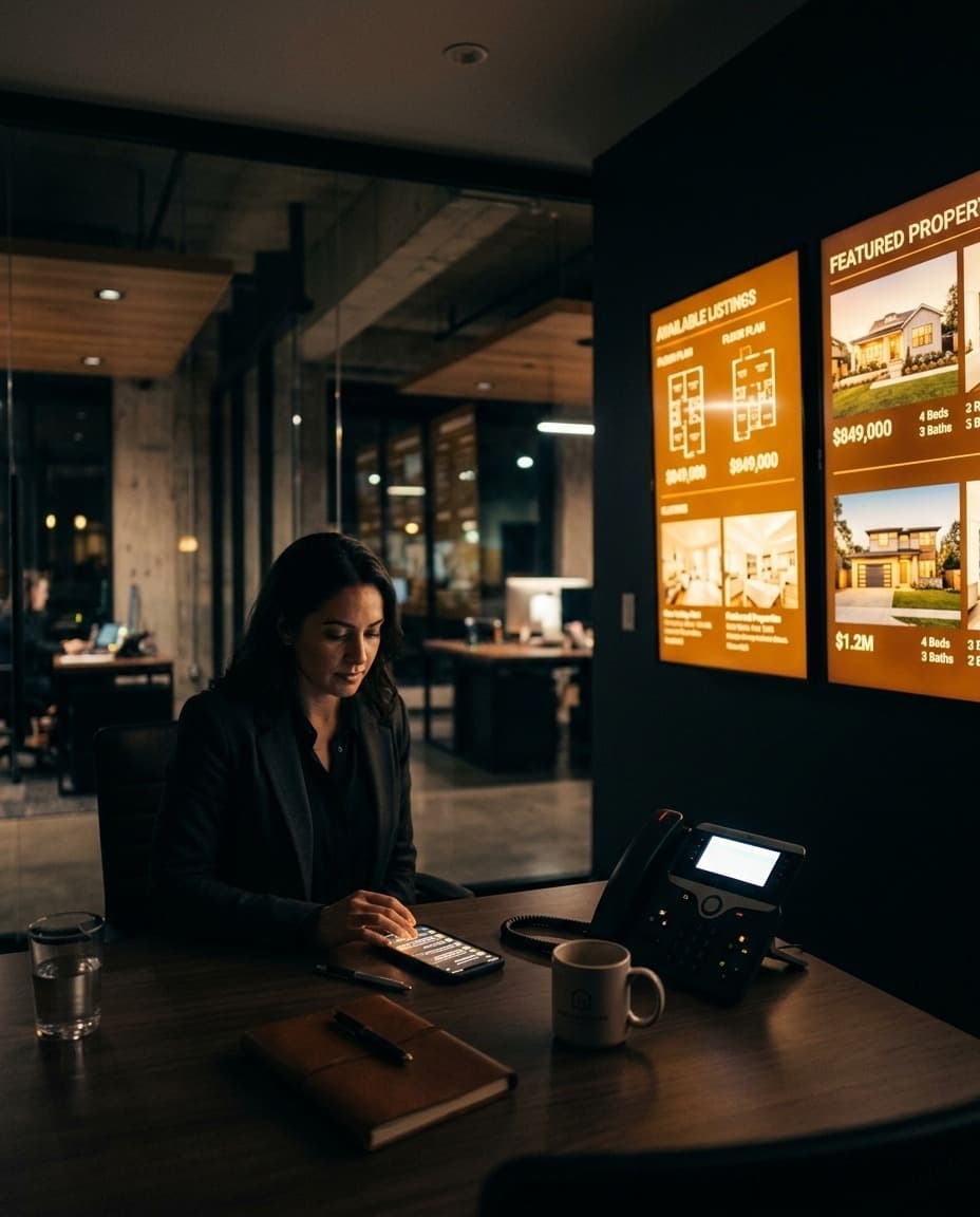 Modern real estate office with listing screens